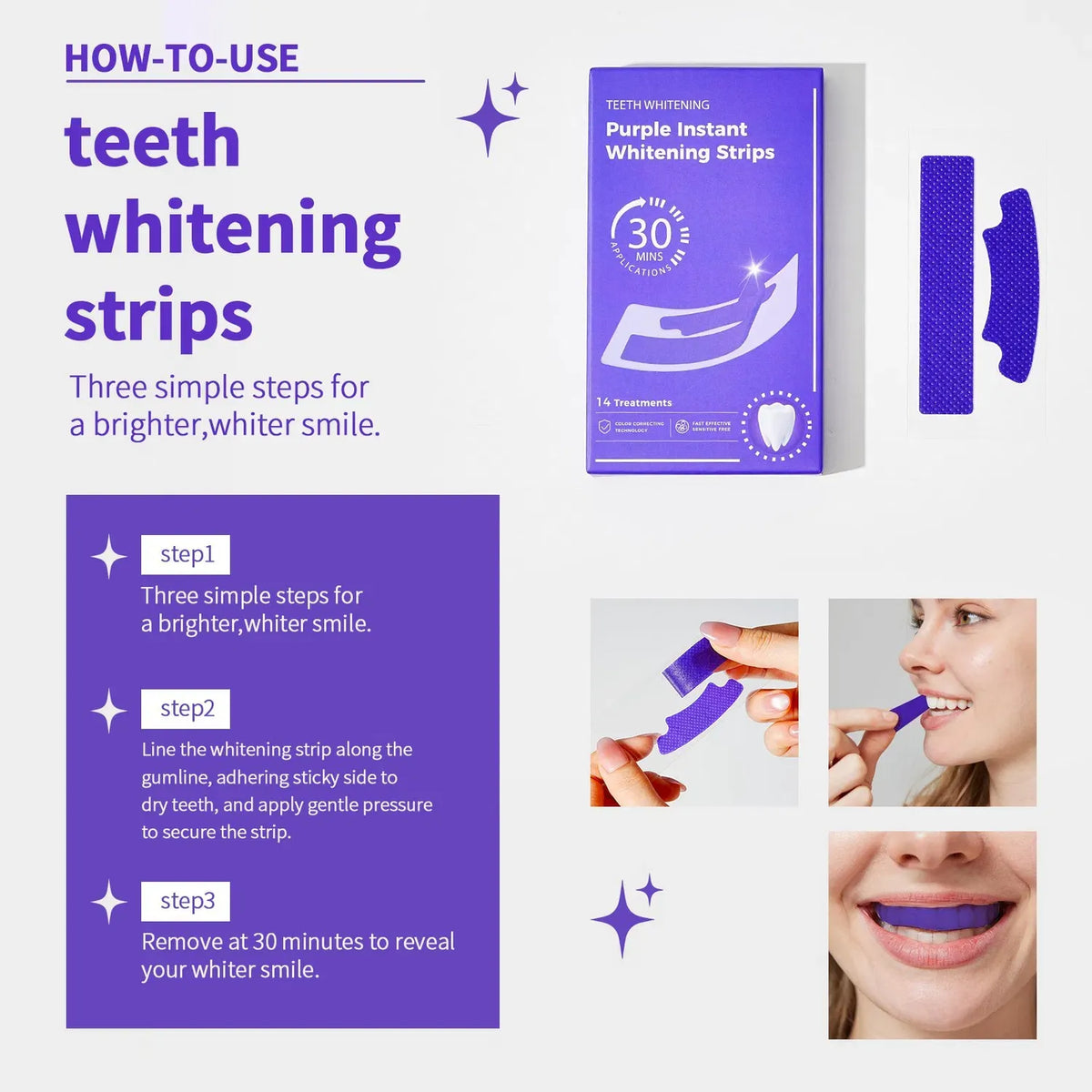 Purple Instant Teeth Whitening Strips – 14 Treatments | 30-Minute Teeth Whitening