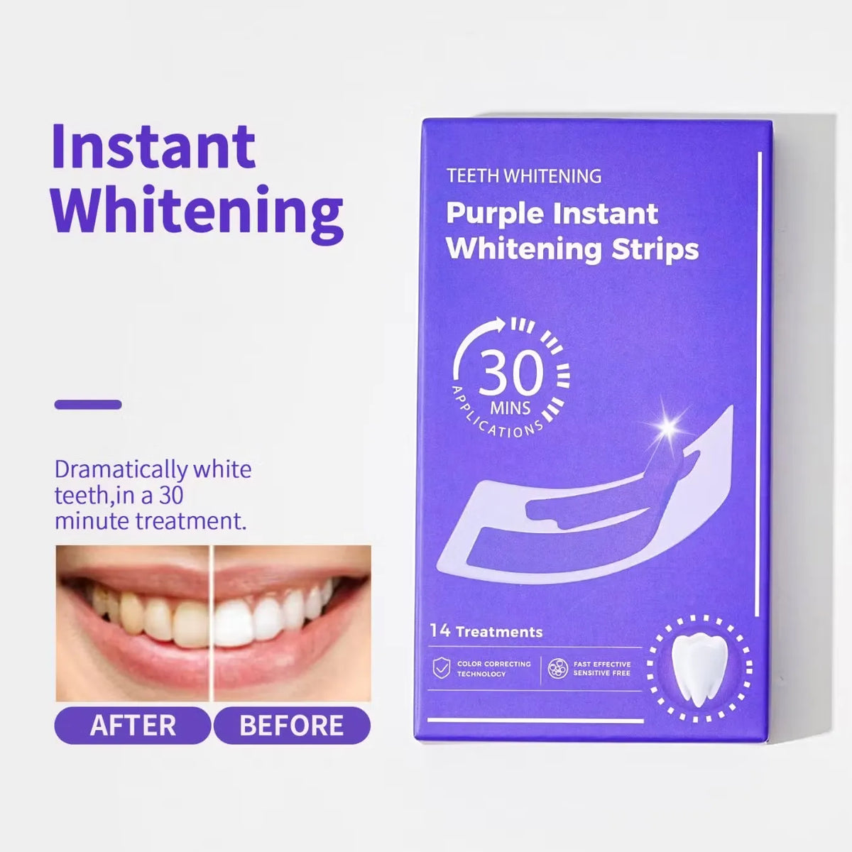 Purple Instant Teeth Whitening Strips – 14 Treatments | 30-Minute Teeth Whitening
